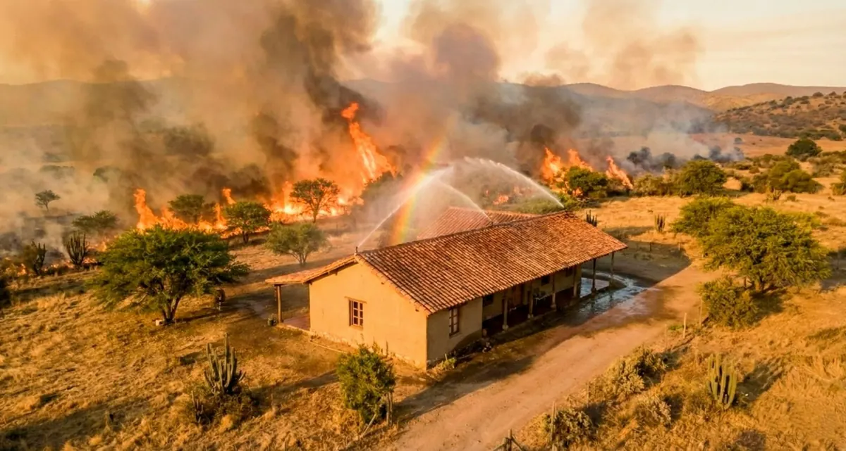 Sprinklers spray water over a farmhouse as a wildfire burns across dry hills